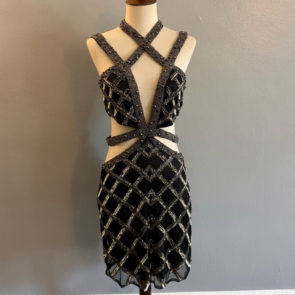 X by NBD Black and Silver Geometric Beaded Dress